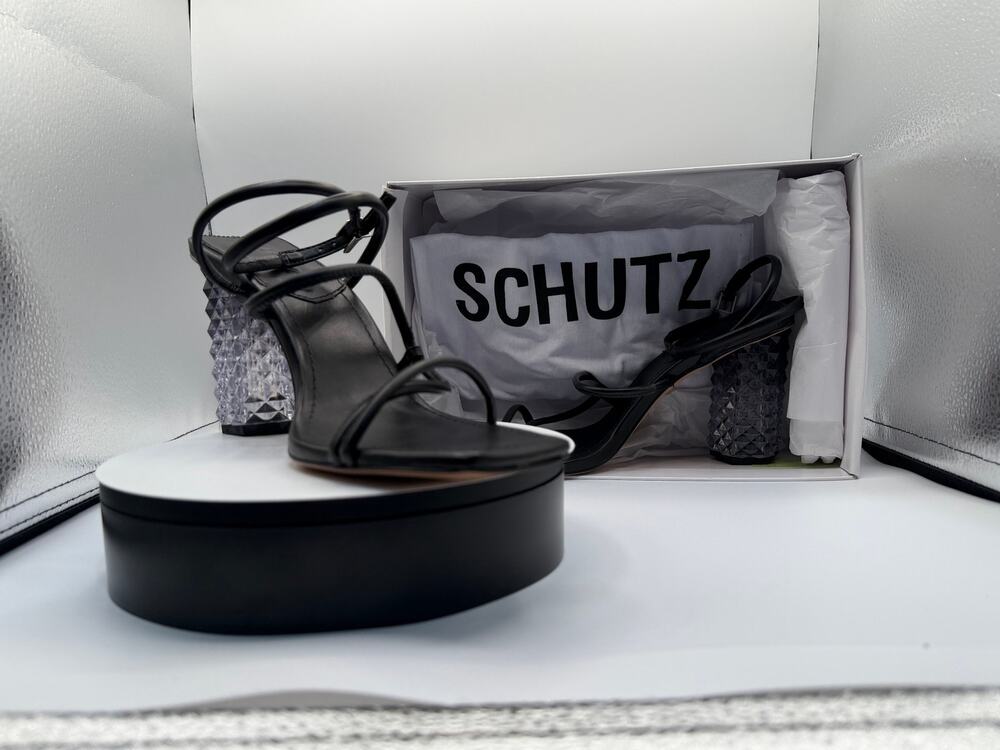 SCHUTZ Black Strappy Sandals Crystal Faceted Heel Size 10B New Box